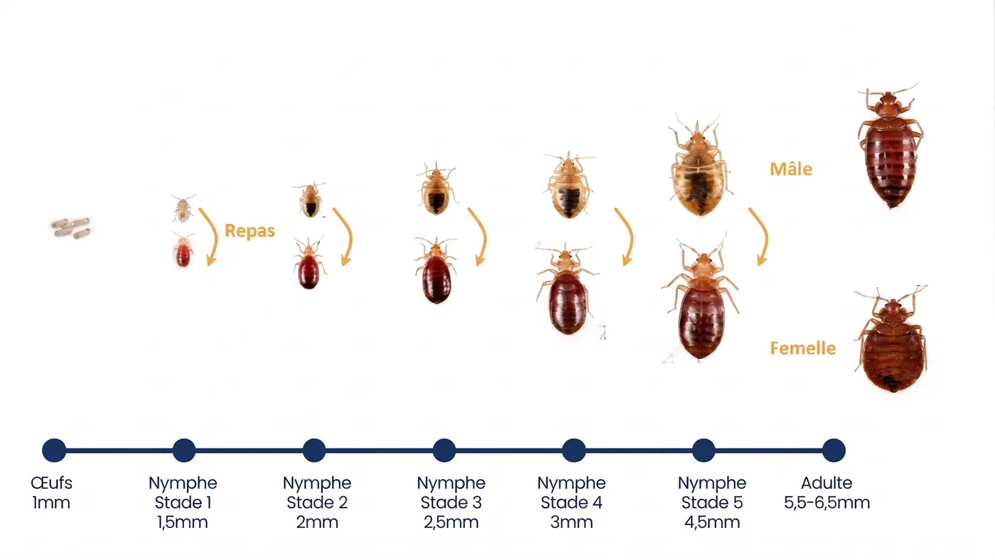 Cycle de vie de la punaise de lit, de l'œuf de 1 mm aux adultes mâle et femelle de 5,5 à 6,5 mm, en passant par cinq stades de nymphe